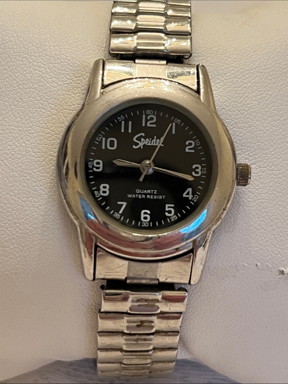 Speidel Silver Tone Watch with Black Dial and Metal Bracelet